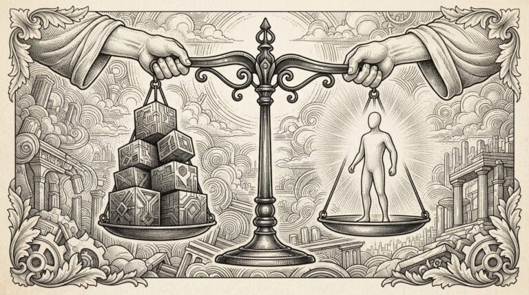 A contested weighing scale where one side holds geometric GPU blocks and the other a glowing agent figure, with two pairs of hands pulling the scale frame in different directions — allegory for the battle over who defines agent infrastructure benchmarks.