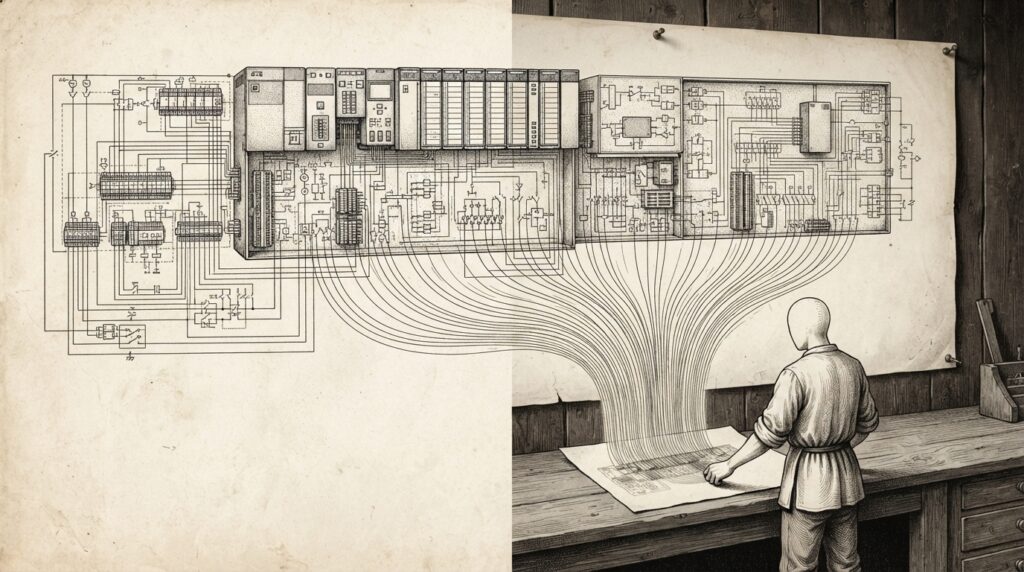 A massive industrial schematic of PLC equipment drawn as an antique scientific engineering plate with precise cross-hatching and stippling. A small faceless figure in the lower corner holds a blank sheet of paper. Fine ink lines from the schematic flow downward onto the blank page, transferring technical knowledge. Monochrome pen-and-ink engraving.
