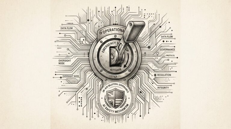 Kill switch lever embedded in abstract digital circuit board with bilateral governance motif