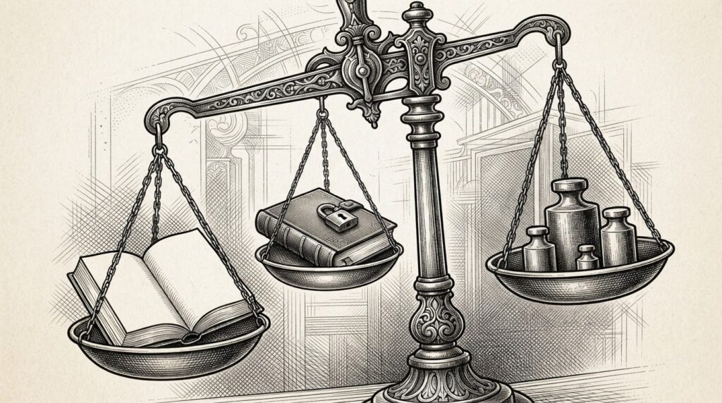 A balance scale with three tiered pans representing licensing models: royalty-free (open book), conditional-free (book with lock), and revenue-share (model weights). The scale tips toward the revenue-share side. Monochrome pen-and-ink engraving on warm paper.