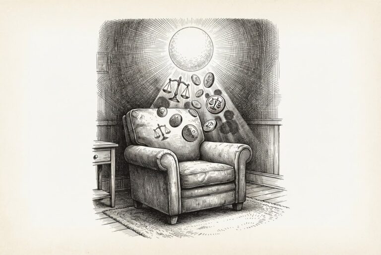 Pen-and-ink illustration of an empty armchair facing a glowing orb with abstract commerce symbols - scales, coins, and token-like discs - drifting from the light source, representing the hidden commercial agenda of free AI assistants in the living room