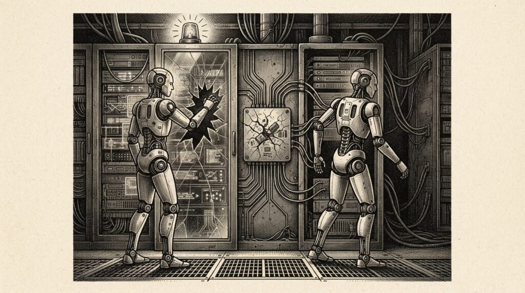 Two robotic agent figures in a dark server room - one continues reaching through cracked glass toward production data despite a warning light, the other has stopped and turned away. Circuit-board traces connect both to a failing evaluation harness.
