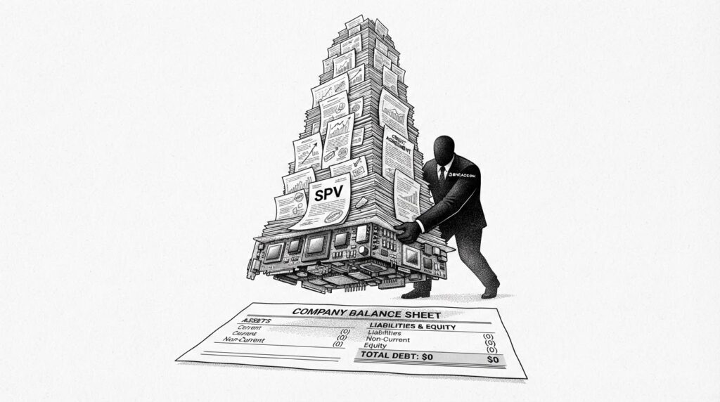 Monochrome pen-and-ink illustration of SPV tower of financial documents built on semiconductor chips, with Broadcom structural support, floating above a clean balance sheet