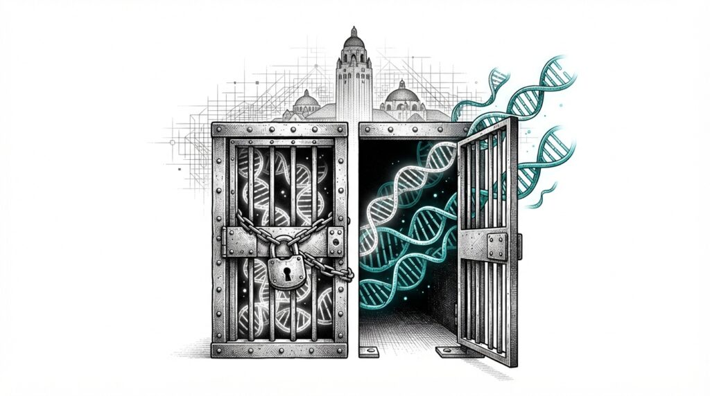Anthropic tightens and loosens Fable 5 biology safeguards - split molecular structure with locked cage and open gate DNA strands