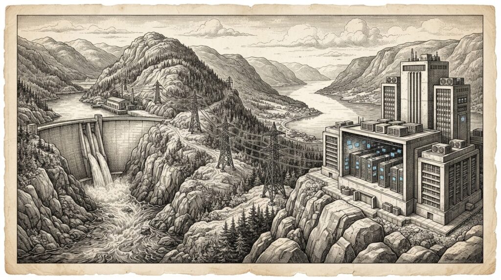 Monochrome pen-and-ink engraving of a Nordic hydroelectric dam with massive power lines stretching toward a towering modern data center complex on rocky Scandinavian terrain with fjord-like water in the background