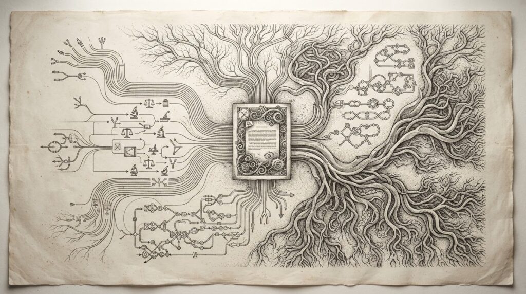 A single specification document splitting into multiple branching evaluation paths and dialogue trees, rendered as monochrome pen-and-ink engraving with cross-hatching and stippling