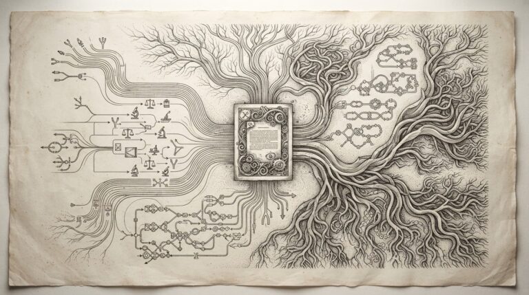 A single specification document splitting into multiple branching evaluation paths and dialogue trees, rendered as monochrome pen-and-ink engraving with cross-hatching and stippling