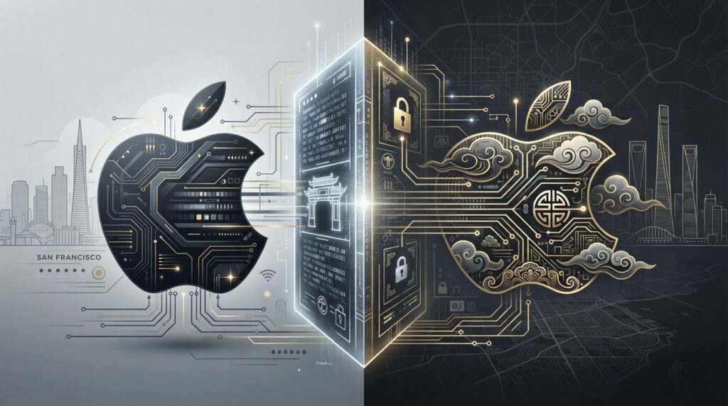 Stylized illustration of Apple partnering with Alibaba for AI in China - Apple logo silhouette merging with Chinese technological elements and digital firewall