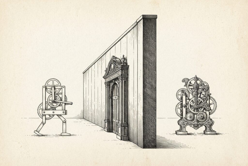 Hand-drawn engraving of a walled compound with a gatehouse representing a foreign company entering China regulatory perimeter - a pristine foreign clockwork instrument outside the wall, a hybrid instrument fitted with local components inside