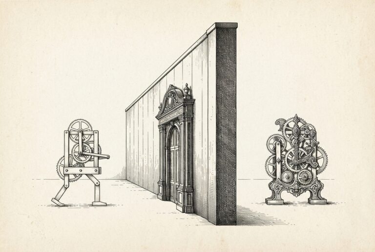 Hand-drawn engraving of a walled compound with a gatehouse representing a foreign company entering China regulatory perimeter - a pristine foreign clockwork instrument outside the wall, a hybrid instrument fitted with local components inside
