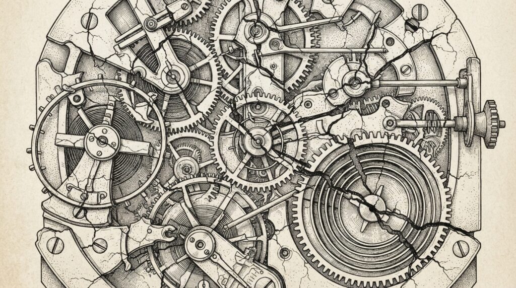 A finely engineered clockwork mechanism with visible cracks running through every gear, spring, and connecting rod - the full machine compromised simultaneously, not just one component.