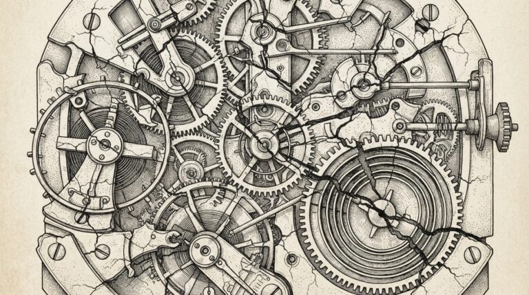 A finely engineered clockwork mechanism with visible cracks running through every gear, spring, and connecting rod - the full machine compromised simultaneously, not just one component.
