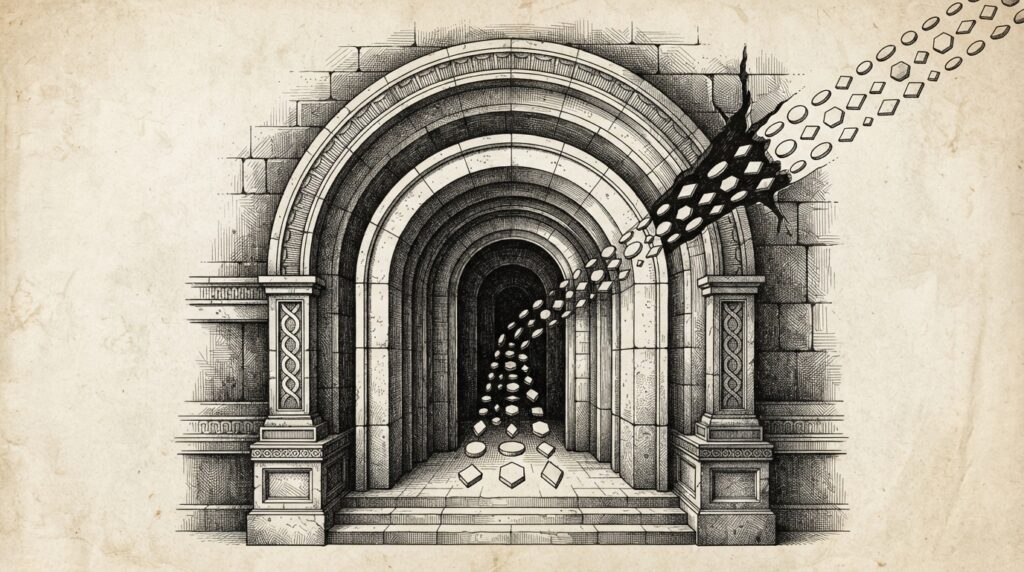 Abstract nested concentric archways forming a gateway, with geometric shapes flowing through - some matching authorized passages, others slipping through gaps in the outer wall. The gateway cannot distinguish authorized from unauthorized because it only checks the shape, not the source. Conceptual metaphor for format-trust exploitation in agent harness layers.