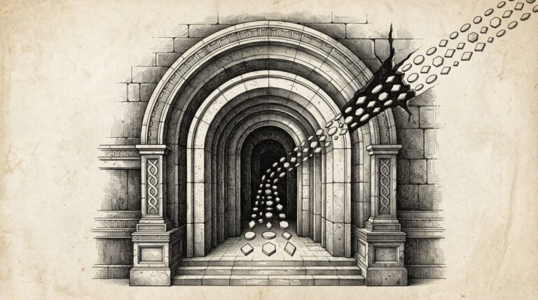 Abstract nested concentric archways forming a gateway, with geometric shapes flowing through - some matching authorized passages, others slipping through gaps in the outer wall. The gateway cannot distinguish authorized from unauthorized because it only checks the shape, not the source. Conceptual metaphor for format-trust exploitation in agent harness layers.