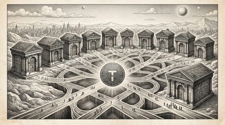 Pen-and-ink engraving of classical stone bank towers connected by cross-hatched blockchain pathways, with a stablecoin token at the center intersection — representing institutional finance stepping into the open, permissionless arena of public blockchains.