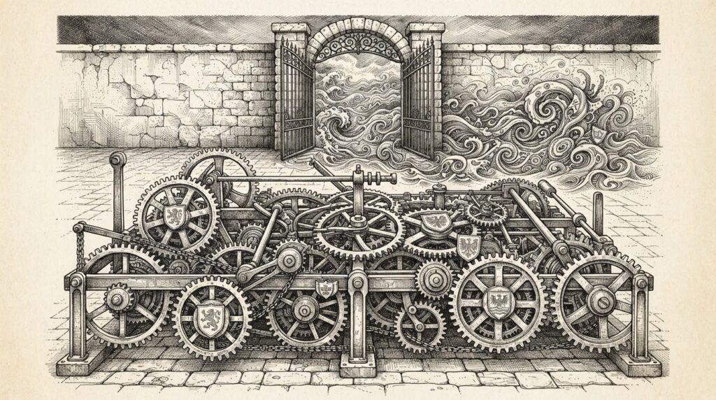 A monochrome pen-and-ink engraving showing an intricate clockwork mechanism with 39 gears, representing the BankChain Alliance of 39 state banking associations. A high stone wall and an open iron gate overlook a swirling abstract sea. Hand-drawn Forkast Ink style.