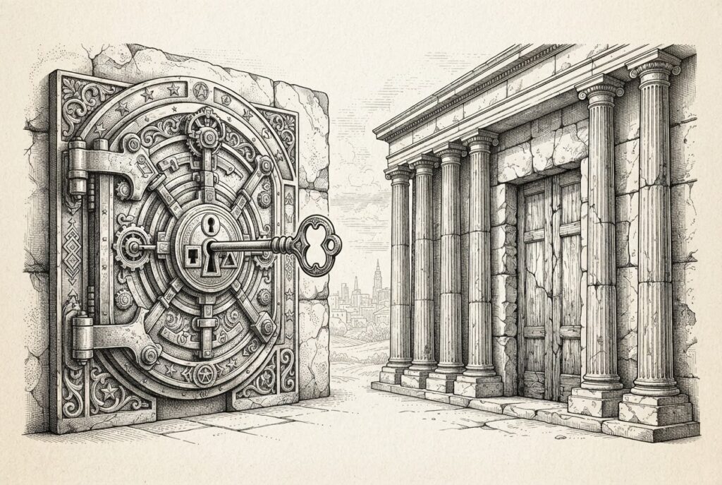 Pen-and-ink engraving of a massive ornate stone vault door with three keyholes of different shapes, with a single key fitting all three, while on the right twelve classical bank columns stand before a rougher cracked door with no keyhole - representing the BIS-endorsed tokenized deposits path satisfying all monetary requirements while the banking consortium's public-chain stablecoin lacks the structural framework.