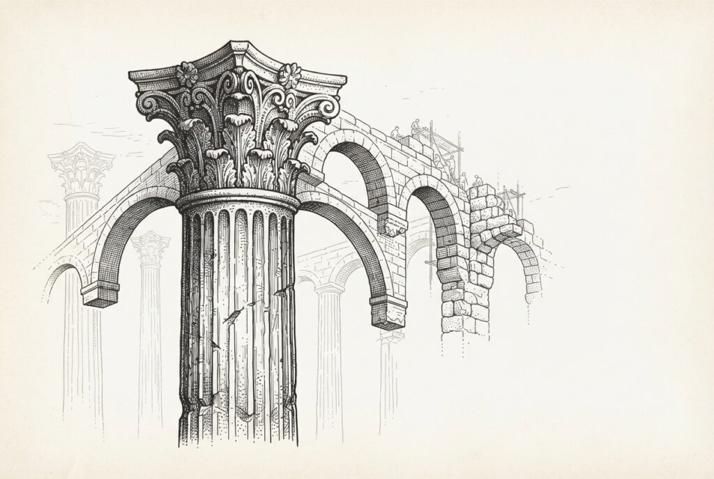 Pen-and-ink engraving of a classical stone column with new architectural arches and buttresses being constructed from its capital, extending rightward into negative space - representing custody infrastructure expanding into comprehensive capital markets capabilities.