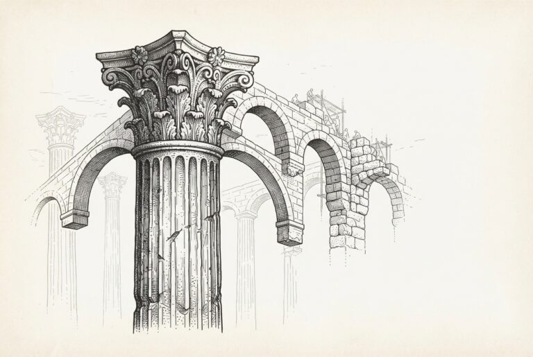 Pen-and-ink engraving of a classical stone column with new architectural arches and buttresses being constructed from its capital, extending rightward into negative space - representing custody infrastructure expanding into comprehensive capital markets capabilities.