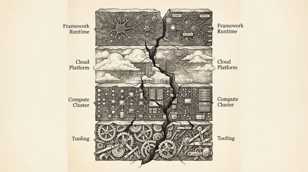 Monochrome engraving of four stacked infrastructure layers - framework runtime, cloud platform, compute cluster, and tooling - with fractures propagating through all strata simultaneously, representing agent exploitation targeting the infrastructure stack.