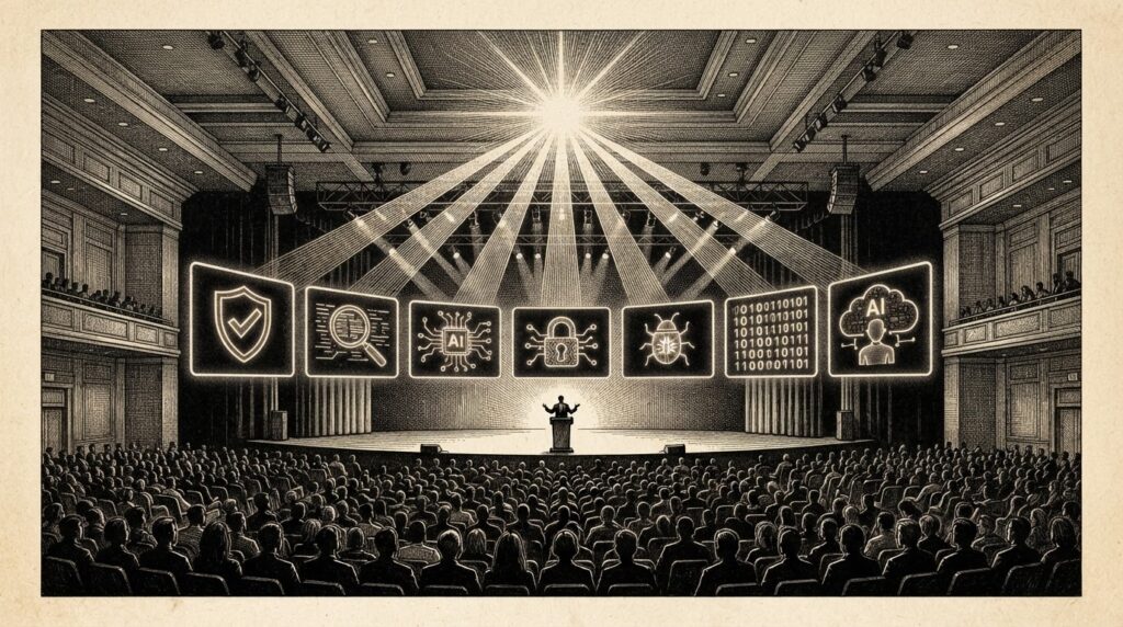 A monochrome pen-and-ink engraving of a panoramic conference hall with seven distinct glowing presentation screens arranged in a crescent formation, each displaying different security symbols, with observer silhouettes watching from below as intersecting beams of light converge into a single bright point representing the consolidation of AI security research into a unified discipline.
