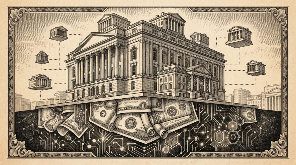 Monochrome engraving of an institutional building with foundations of Treasury bills and blockchain circuits supporting smaller stablecoin issuer structures above