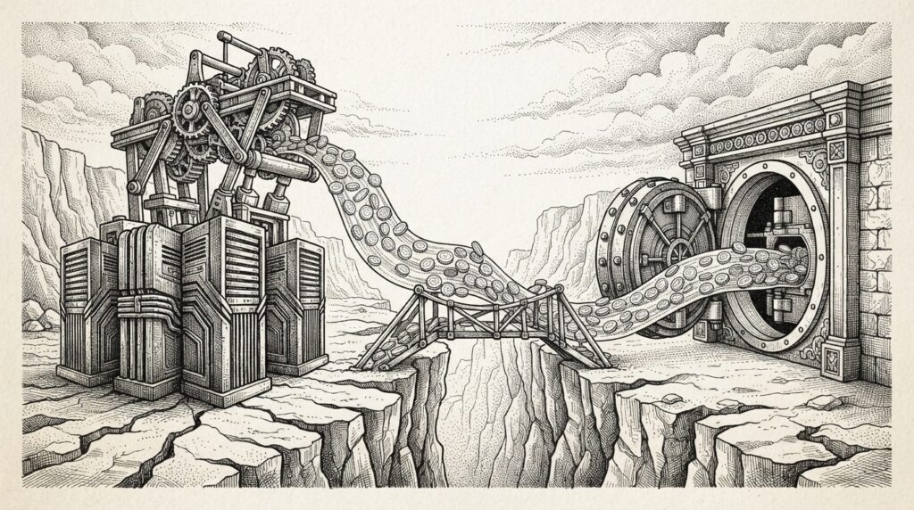 Pen-and-ink engraving of physical GPU server racks being converted into on-chain tokens via a mechanical bridge mechanism, with stablecoin flowing from one side to the other. Conceptual illustration of physical compute becoming on-chain collateral.