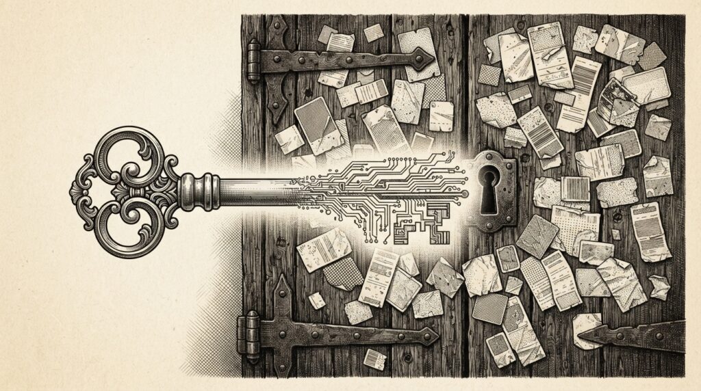 A brass skeleton key with its blade morphing into circuit-board traces, floating toward an old wooden door covered in overlapping peeling receipt strips - the key represents a one-time purchase unlocking freedom from recurring subscription fees.
