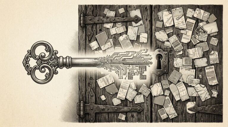 A brass skeleton key with its blade morphing into circuit-board traces, floating toward an old wooden door covered in overlapping peeling receipt strips - the key represents a one-time purchase unlocking freedom from recurring subscription fees.