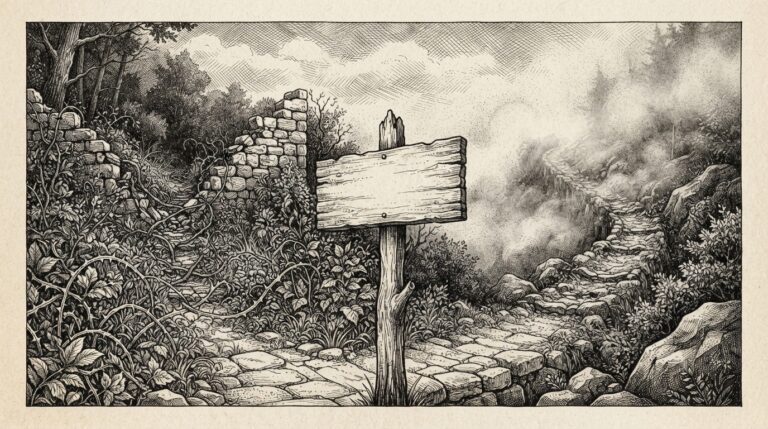 A narrow stone path splits into two at a weathered signpost — one path blocked by overgrowth, the other winding into fog. Monochrome engraving.