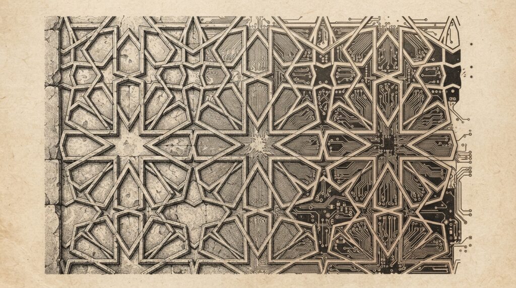 Pen-and-ink engraving of a classical Islamic geometric pattern of interlocking eight-pointed stars and hexagonal polygons, where the carved stone texture on the left seamlessly transitions into a circuit-board trace pattern on the right - representing the preservation of Shariah-compliant structure while the settlement layer digitizes.