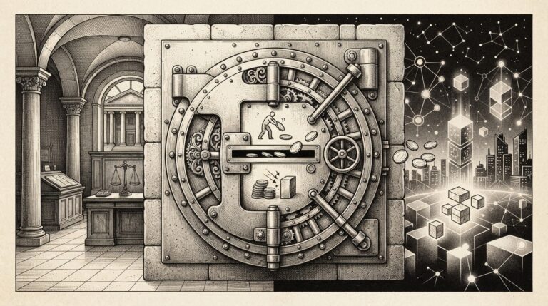 A classical bank vault door with a narrow slot separating active reward coins passing through from blocked passive yield coins, with a bank interior on one side and a crypto-native landscape on the other. Monochrome pen-and-ink engraving.