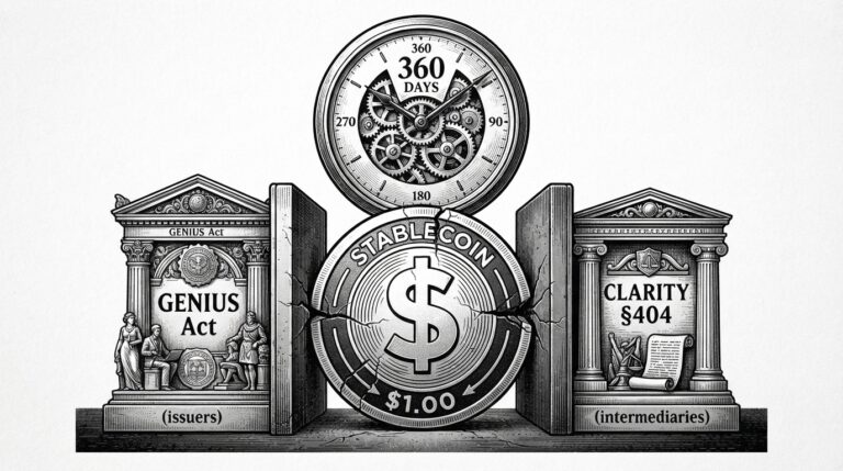 Stablecoin coin caught between two regulatory bookends labeled GENIUS Act and CLARITY Section 404, with a 360-day clock above