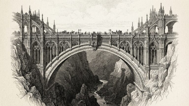A massive ornate stone bridge spans a deep chasm, resting on a single central arch — the only support carrying the entire weight. Monochrome pen-and-ink engraving.