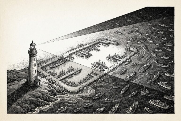 A lighthouse on a shoreline casts its beam diagonally across dark waters, illuminating a protected harbor with orderly inspected vessels. Beyond the light, dark ungoverned waters teem with scattered chaotic craft - the boundary between governed and ungoverned traffic as a visibility primitive.