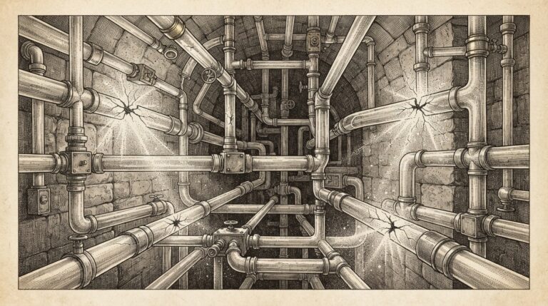 Interconnected glass tubes or conduits, some cracked and fractured with light leaking through - representing protocol vulnerabilities in network infrastructure