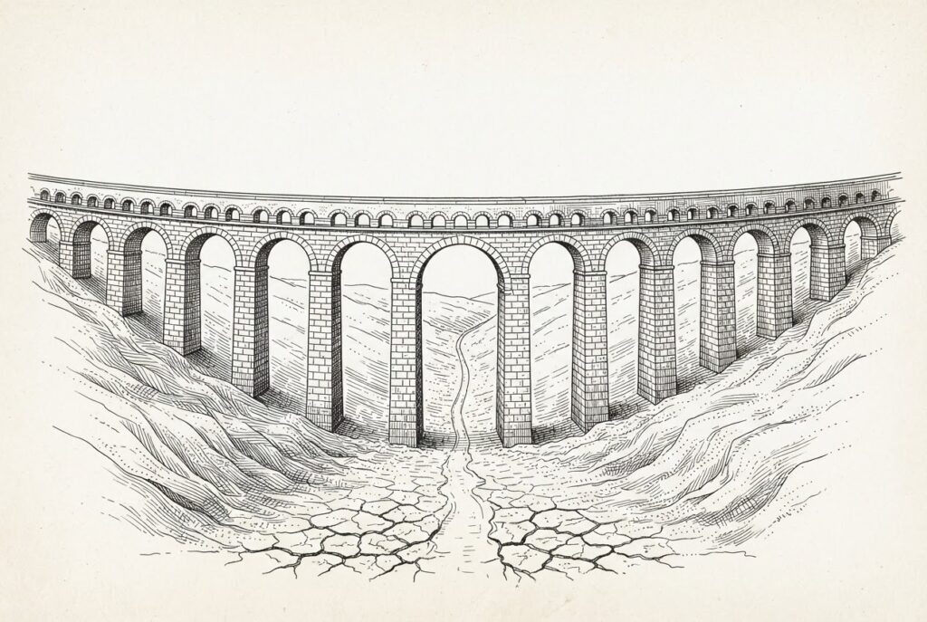 A vast, complete antique stone aqueduct spanning a dry, cracked valley, its channel carrying only a thin trickle of water against the massive empty stone — illustrating the gap between completed payment infrastructure and the machine commerce it was built to carry.