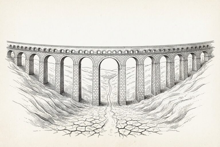 A vast, complete antique stone aqueduct spanning a dry, cracked valley, its channel carrying only a thin trickle of water against the massive empty stone — illustrating the gap between completed payment infrastructure and the machine commerce it was built to carry.