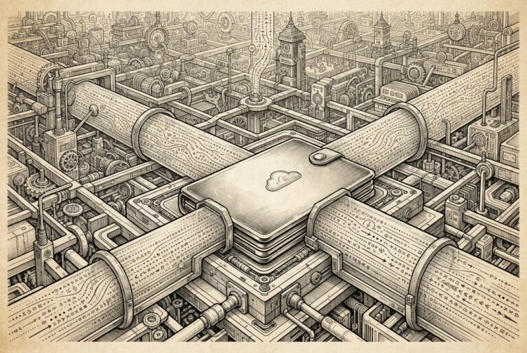 Monochrome pen-and-ink engraving on warm aged paper showing a digital mechanical grid with a metallic wallet bearing a cloud insignia. Transparent guardrails encase data-currency flows.