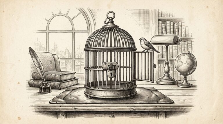 Monochrome pen-and-ink engraving of a padlocked birdcage on an office desk with its door swung wide open, a bird perched on the rim looking outward. The cage is the focal center, the bird secondary. The trust infrastructure is the product, not the agent.