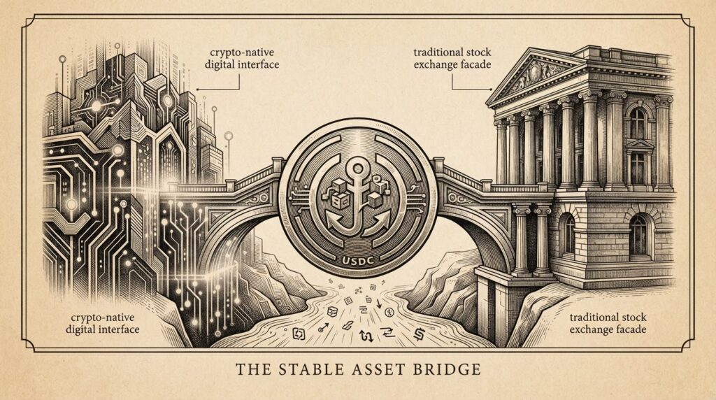 USDC stablecoin bridging crypto-native interface and traditional stock exchange facade
