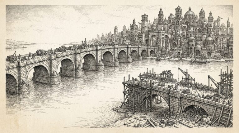 Monochrome pen-and-ink engraving of a completed stone bridge spanning toward a cityscape on one shore, while an incomplete bridge with scaffolding and construction barriers sits unfinished on the other shore, symbolizing regulatory progress versus stagnation.