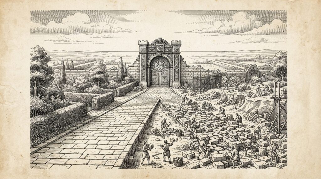 Two stone paths converging at a single ornate gate - one complete and smooth, the other under active construction. Monochrome pen-and-ink engraving representing state-level AI regulation meeting federal preemption authority.