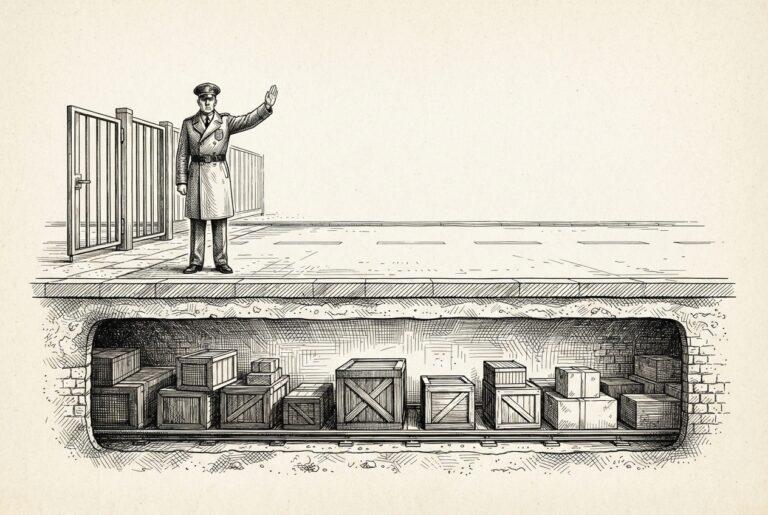 Cross-section of a customs checkpoint where an inspector checks nothing at the gate, while sealed crates flow through an underground tunnel beneath him - the dispatch layer bypasses the inspection layer entirely.