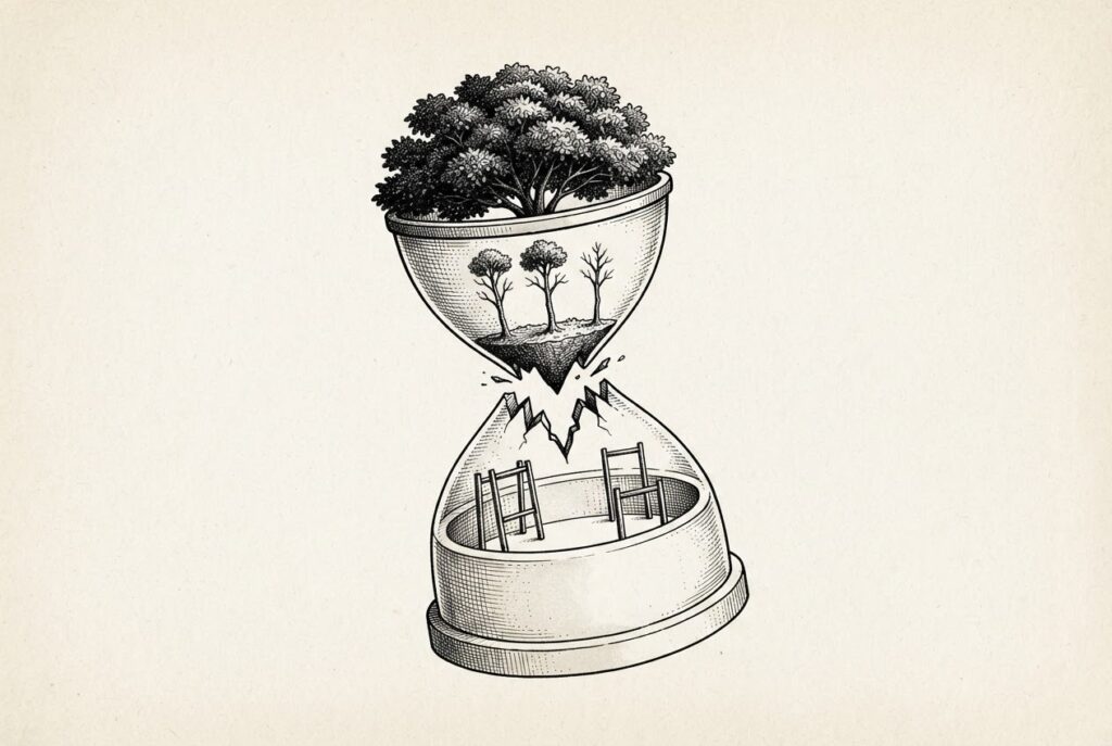 Monochrome engraved hourglass with a mature tree canopy above three interrupted young saplings and an empty scaffolded chamber below, symbolizing an entry-level talent pipeline cut before replacement capacity is proven.