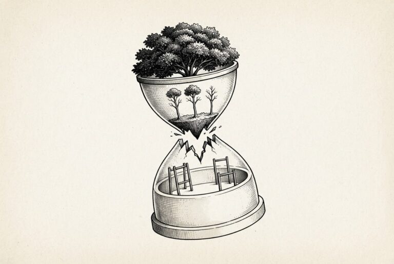 Monochrome engraved hourglass with a mature tree canopy above three interrupted young saplings and an empty scaffolded chamber below, symbolizing an entry-level talent pipeline cut before replacement capacity is proven.