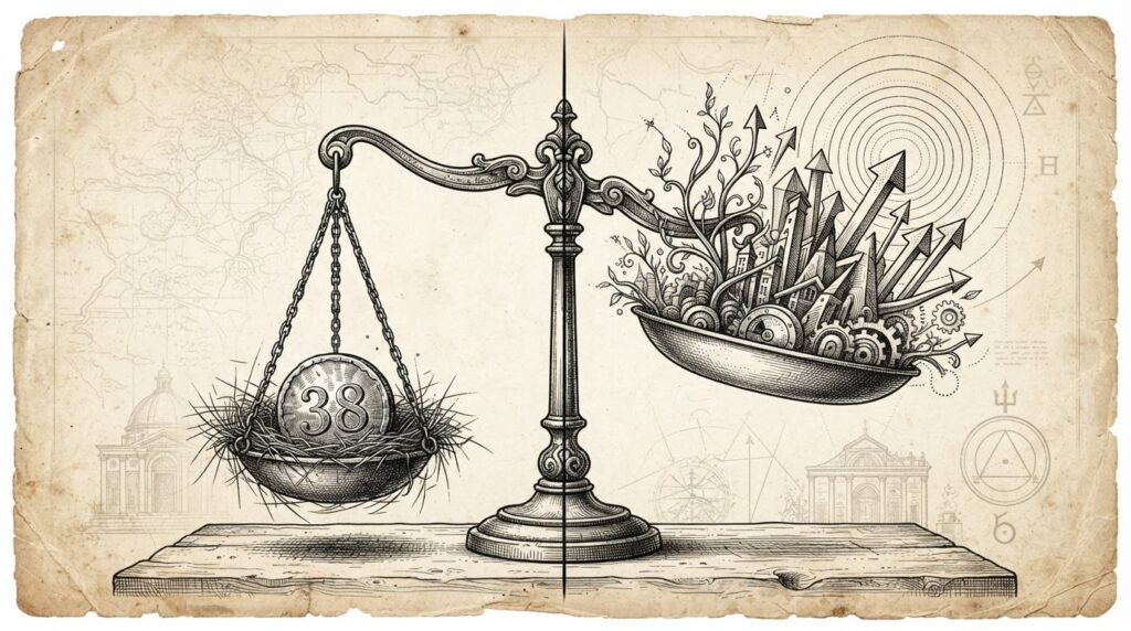 Monochrome engraving of a balance scale with two dramatically different pans - one deflated and small representing the bear case, the other expansive and rising representing the bull case - illustrating extreme analyst divergence on Circle's valuation