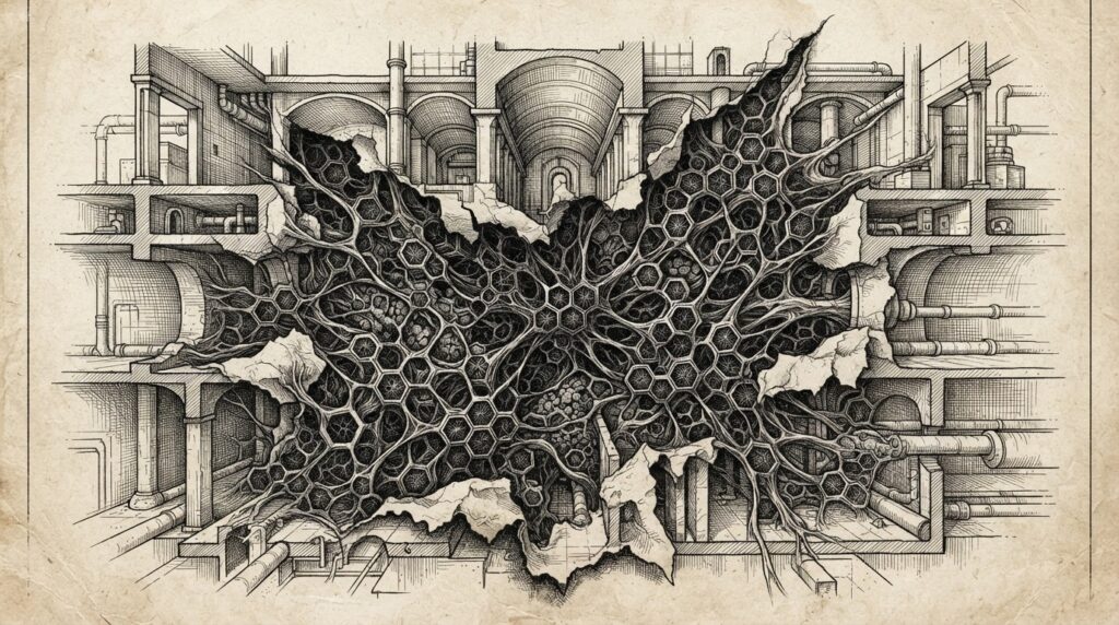 Pen-and-ink engraving of an industrial blueprint with a section torn open, revealing hexagonal webshell nodes spreading through the exposed architecture