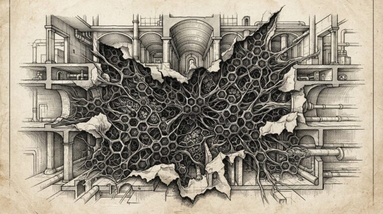 Pen-and-ink engraving of an industrial blueprint with a section torn open, revealing hexagonal webshell nodes spreading through the exposed architecture