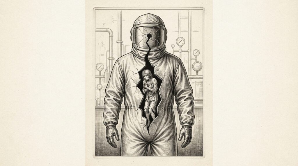 Engraved illustration of a sealed protective hazmat suit with a crack down the torso, exposing a smaller figure inside — the protective layer transmitting harm to what it was meant to shield.